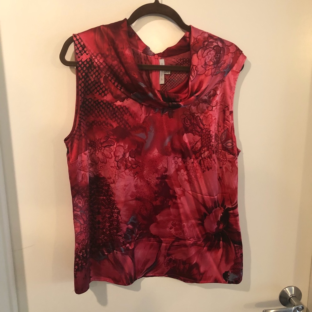 St. John Silk Floral Cowl Neck Pink Shell